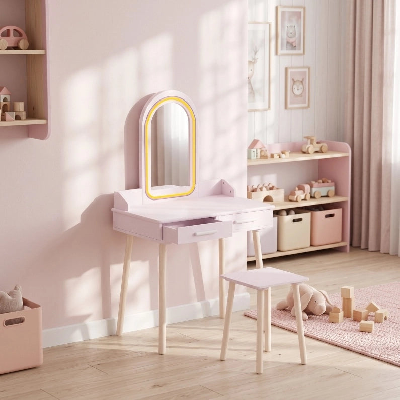 Toeletta per bambini con sgabello, specchio illuminato e 2 cassetti