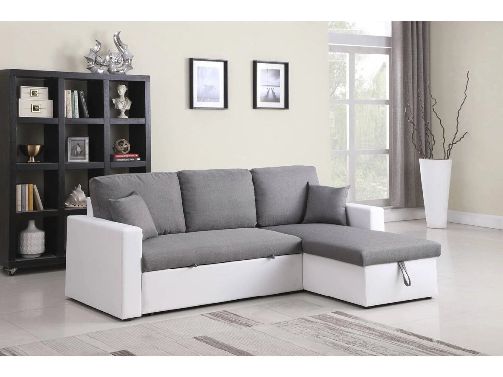 Divano ad angolo trasformabile con contenitore "Alain" - 221 x 145 x 85 cm - 3 posti a sedere - Grigio / Bianco