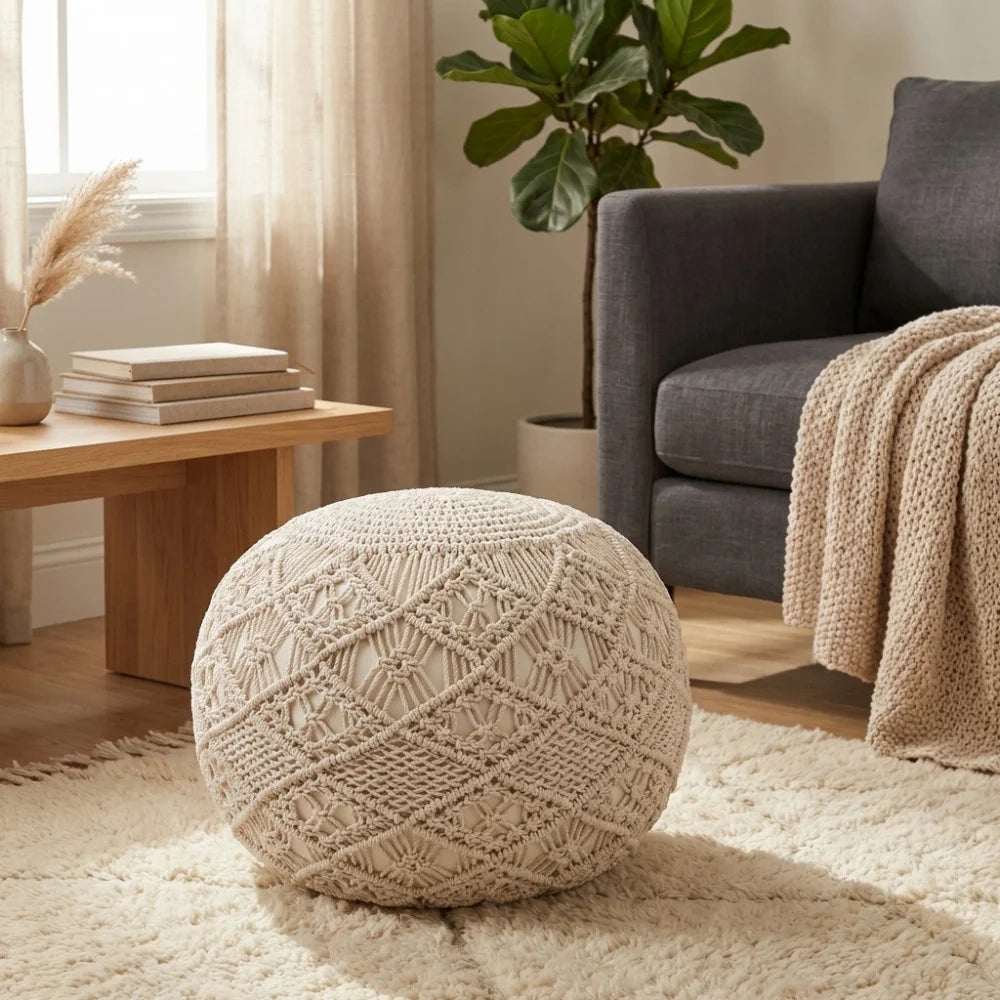 Pouf Rotondo in Cotone Macramè Yvonne Beige