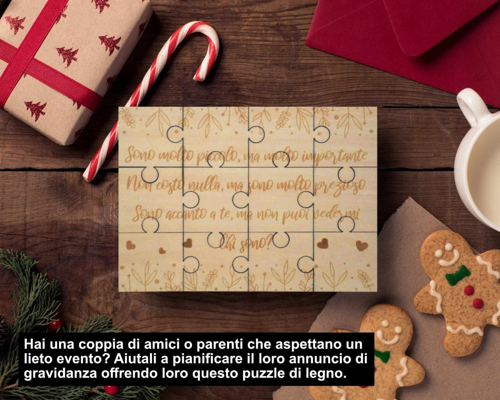 Puzzle in legno per annunciare una gravidanza, lingua italiana, dimensioni 21x15 cm