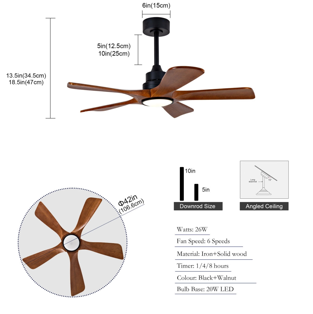 Ventilatore da soffitto 42″ con luce LED, telecomando e 5 pale in legno