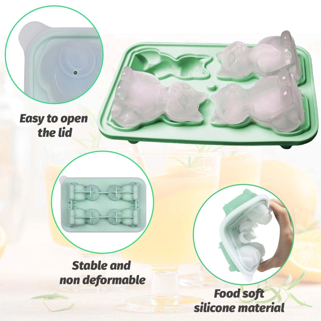 Stampo in silicone a forma di gatto per cubetti di ghiaccio, con 4 vani, dotato di coperchio, dimensioni 18,5 x 12 x 5,6 cm