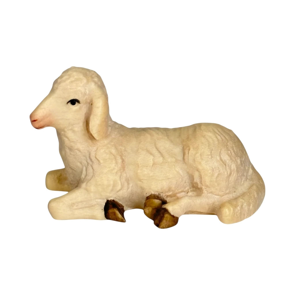 Pecora di legno sdraiata, statuina per presepe, 12 cm, dipinta a mano