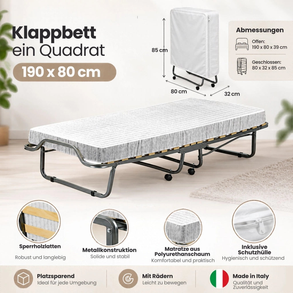 Letto pieghevole Ace, Brandina con rete 15 doghe, Materasso incluso, Lettino salvaspazio, 100% Made in Italy, 80x190h39 cm, Cover protettiva inclusa