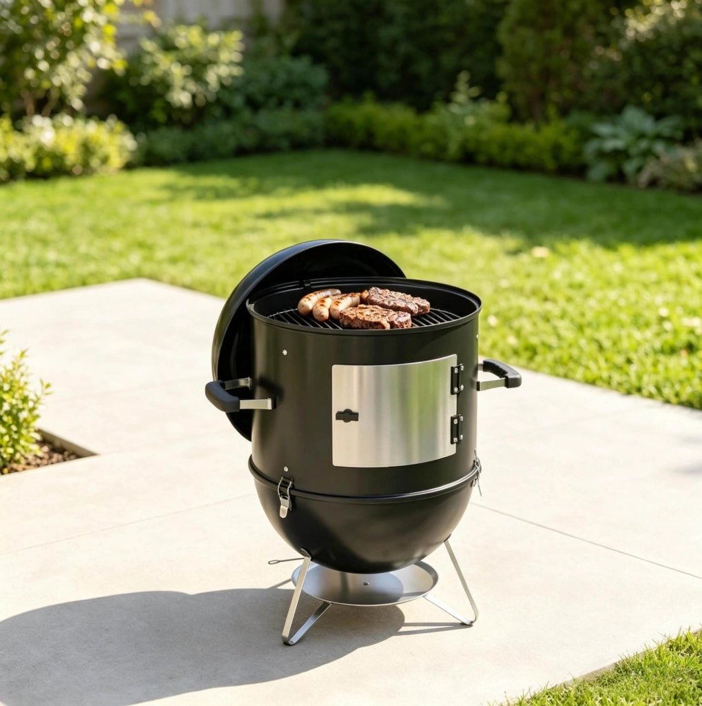 Barbecue affumicatore a carbone nero con 3 griglie e termometro