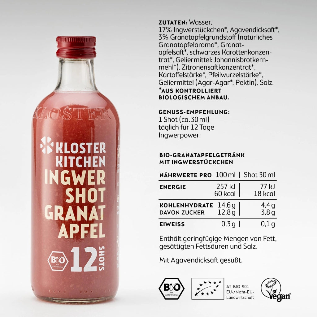 Ingwershot alla granata, 12 flaconi, 6 confezioni da 360 ml, contenenti pezzi di zenzero