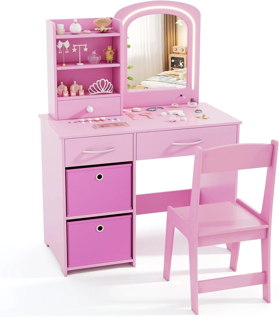 Set Toeletta Trucco per Bambina con Sedia, Specchiera Trucco con Specchio Acrilico e Luci LED a 2 Colori, Postazione Trucco 3 con Cassetti 2 Box in Tessutto, per Bambine di 3+ Anni (Rosa)