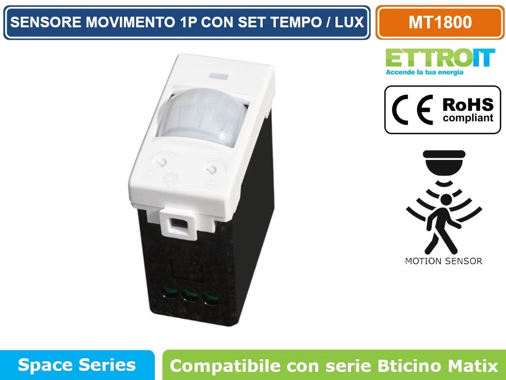 ETTROIT SENSORE DI MOVIMENTO 1 MODULO BIANCO CON REGOLAZIONE TEMPO/LUX COMPATIBILE CON SERIE BTICINO MATIX – SKU MT1800