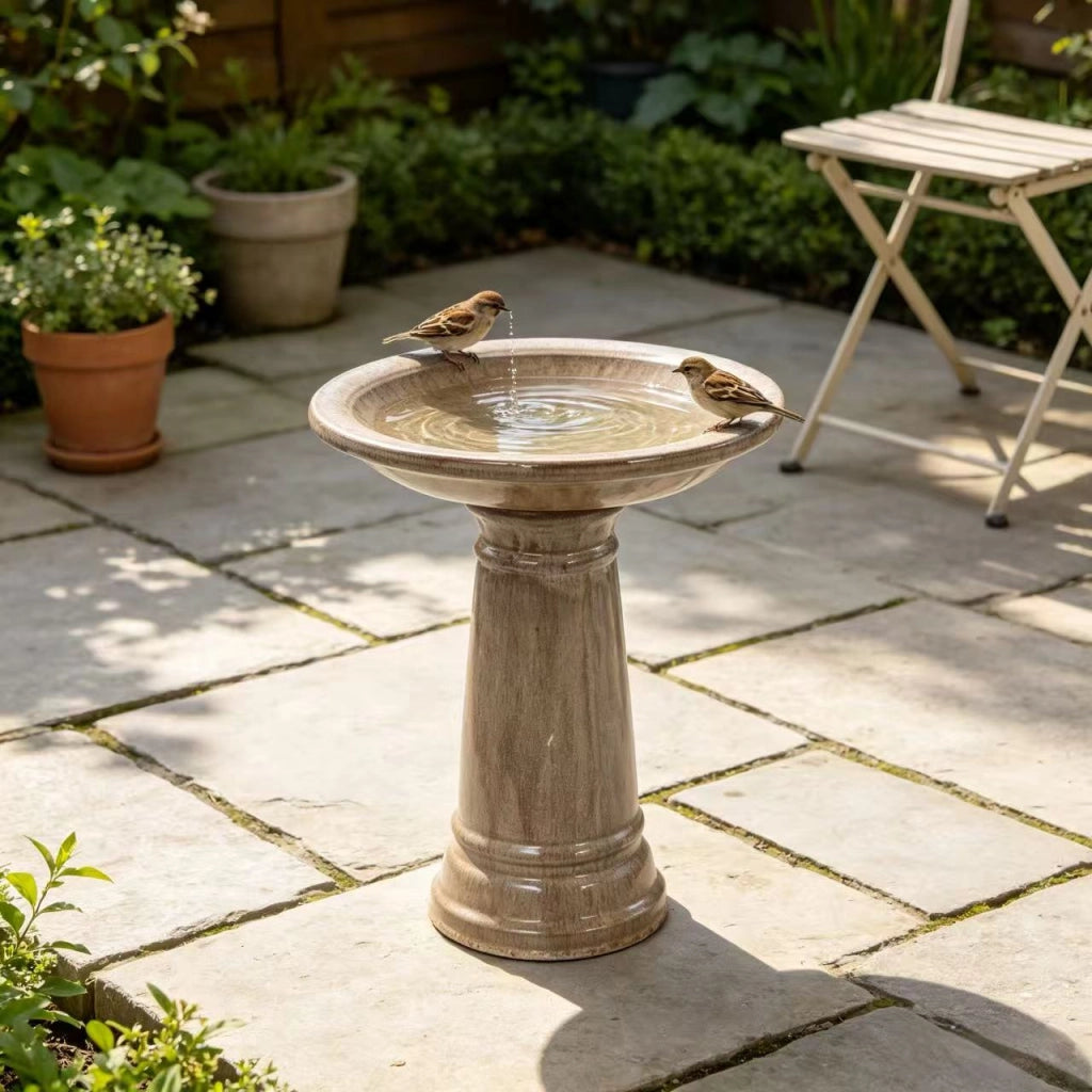 Vasca per uccelli in ceramica fatta a mano, Ø 31,5 cm, h 38 cm, beige antico lucido con smalto screziato naturale, resistente alle intemperie e al gelo