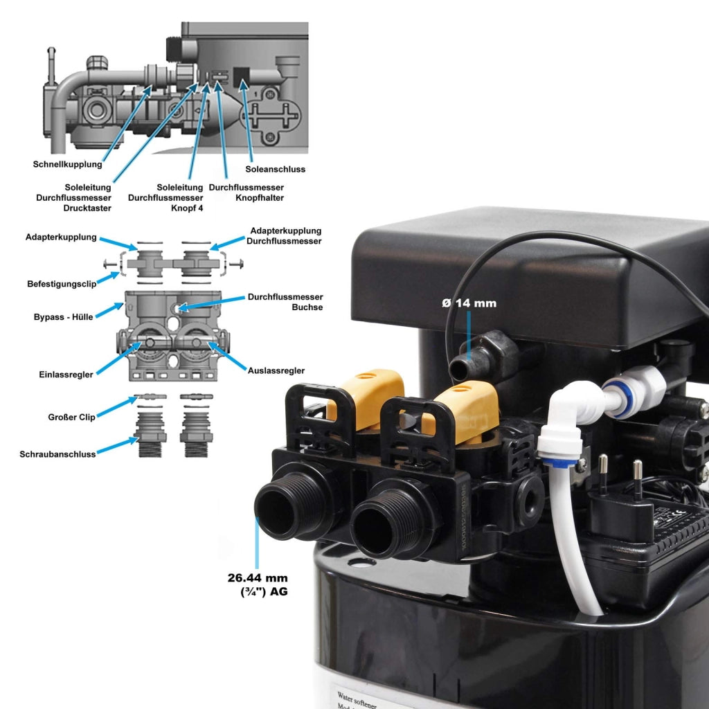 Addolcitore d'acqua da 800 litri/ora, con tecnologia di scambio ionico, dotato di un serbatoio di sale da 12 kg