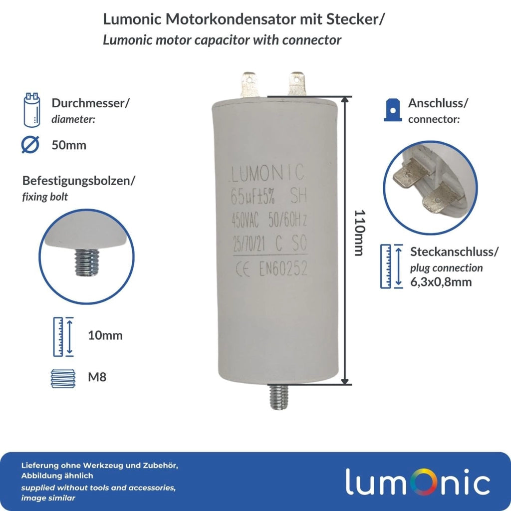 Condensatore per motori, 65µF, 450V, dimensioni 50x110mm, con connettore