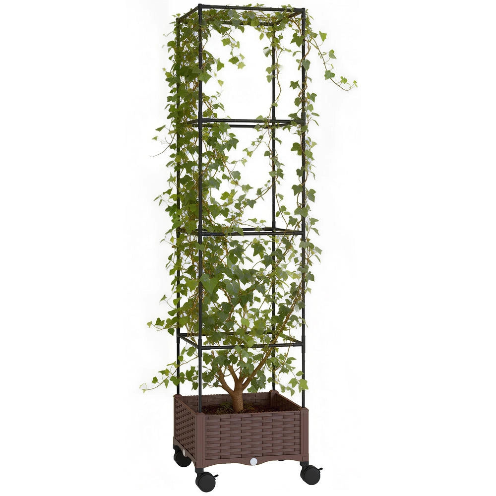Fioriera rialzata con traliccio 20L marrone, con ruote bloccabili e autoirrigazione per balcone e giardino