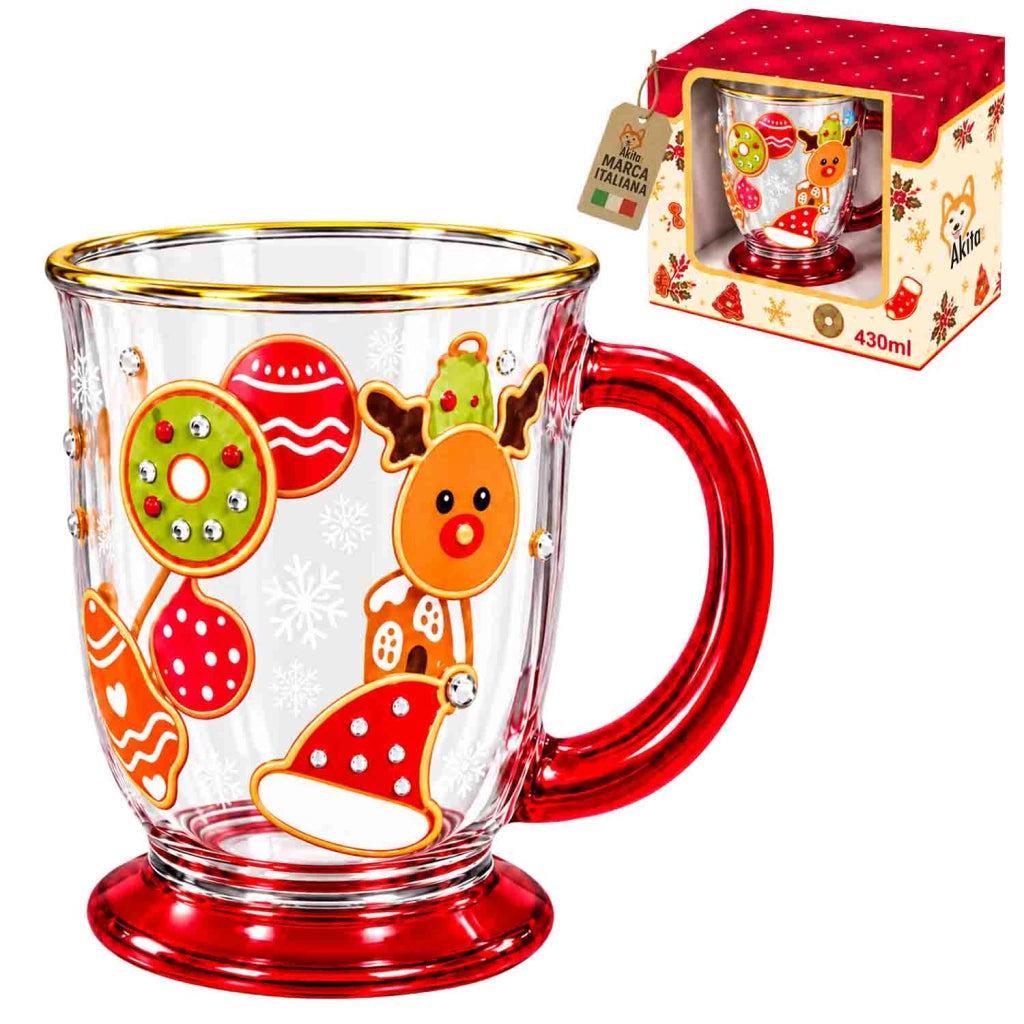 Akitaink Tazza Natalizia Mug Vetro Decorato Biscotti Natale