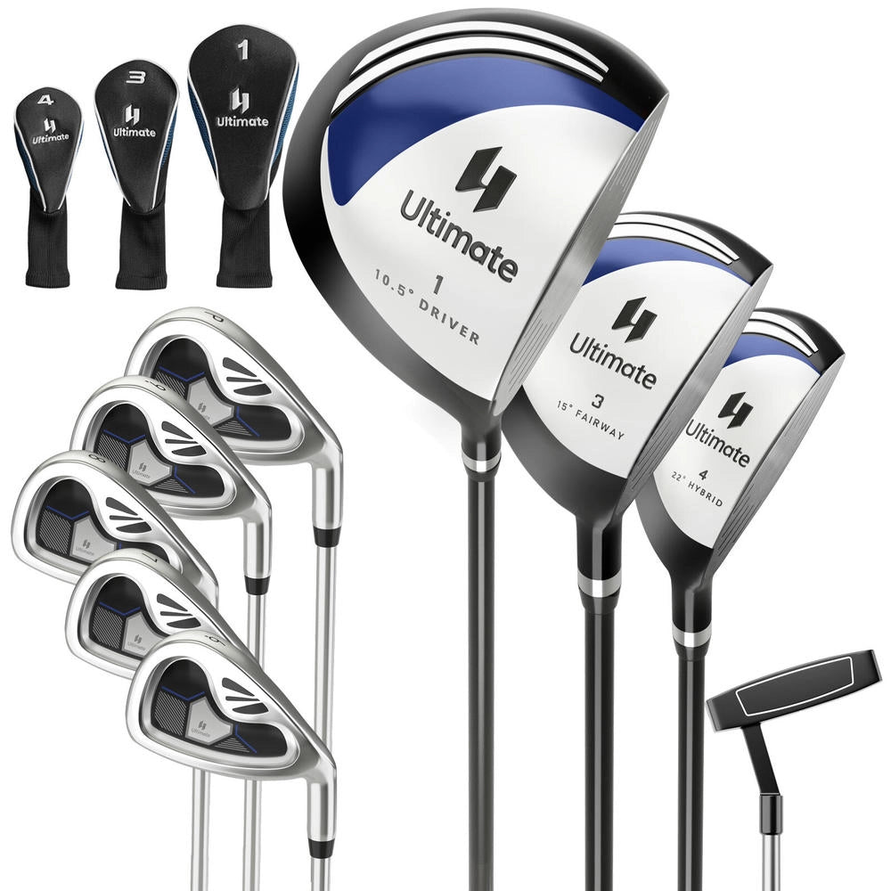 Set di Mazze da Golf da Uomo 9 Pezzi Blu Navy con Asta in Carbonio Leggero ed Impugnature TPR per Principianti