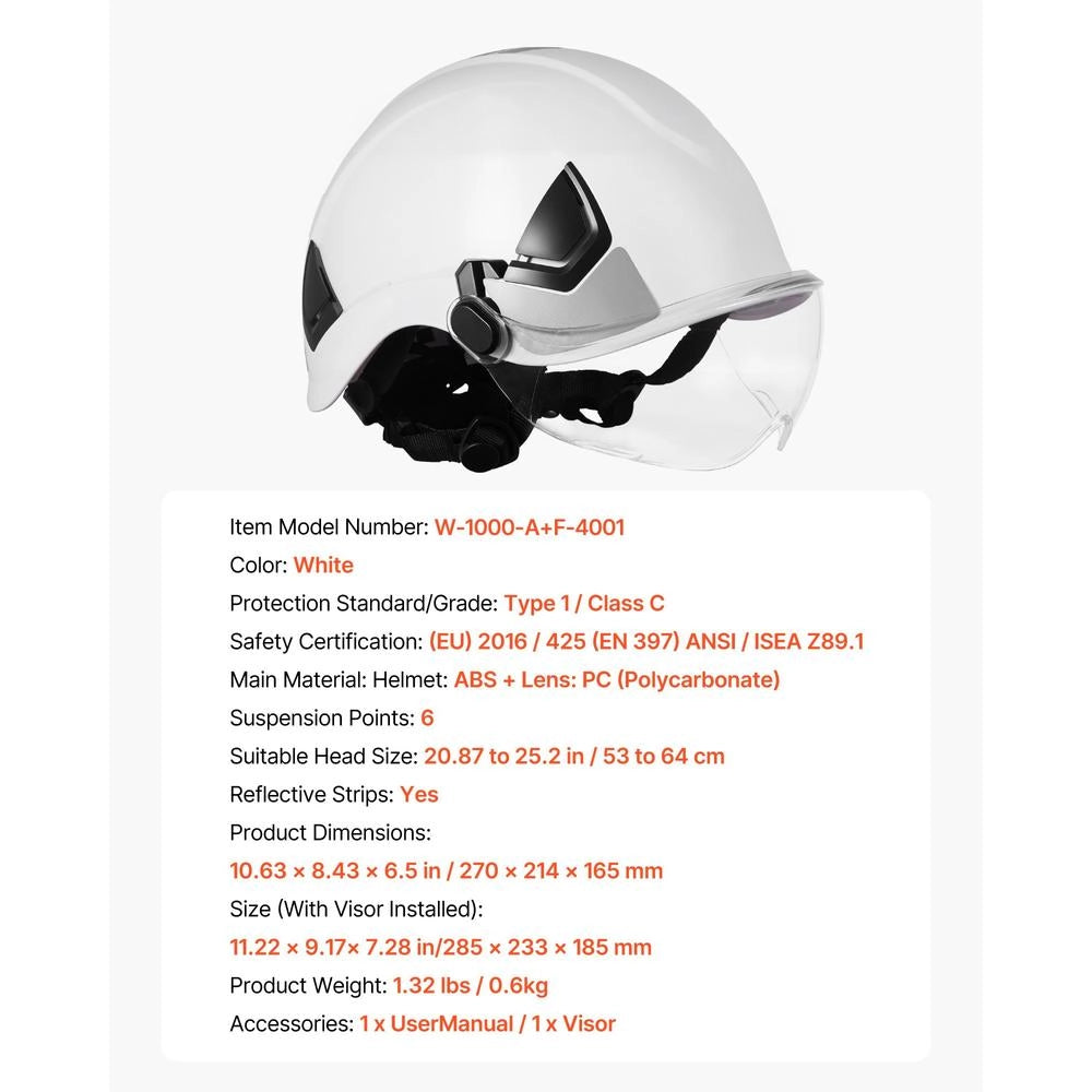 M-5015 Casco di Sicurezza da Cantiere con Visiera in ABS Bianco Regolabile a 6 Punti per Edilizia e Fai da Te