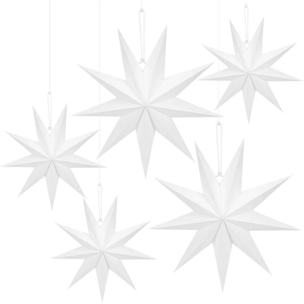 Set di 5 stelle decorative pieghevoli, in carta, con 9 punte, colore bianco, dimensioni 45 cm e 30 cm