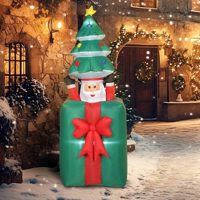 Decorazione Natalizia Gonfiabile Babbo Natale con Albero e Luci LED in Poliestere Rosso per Giardino e Terrazza