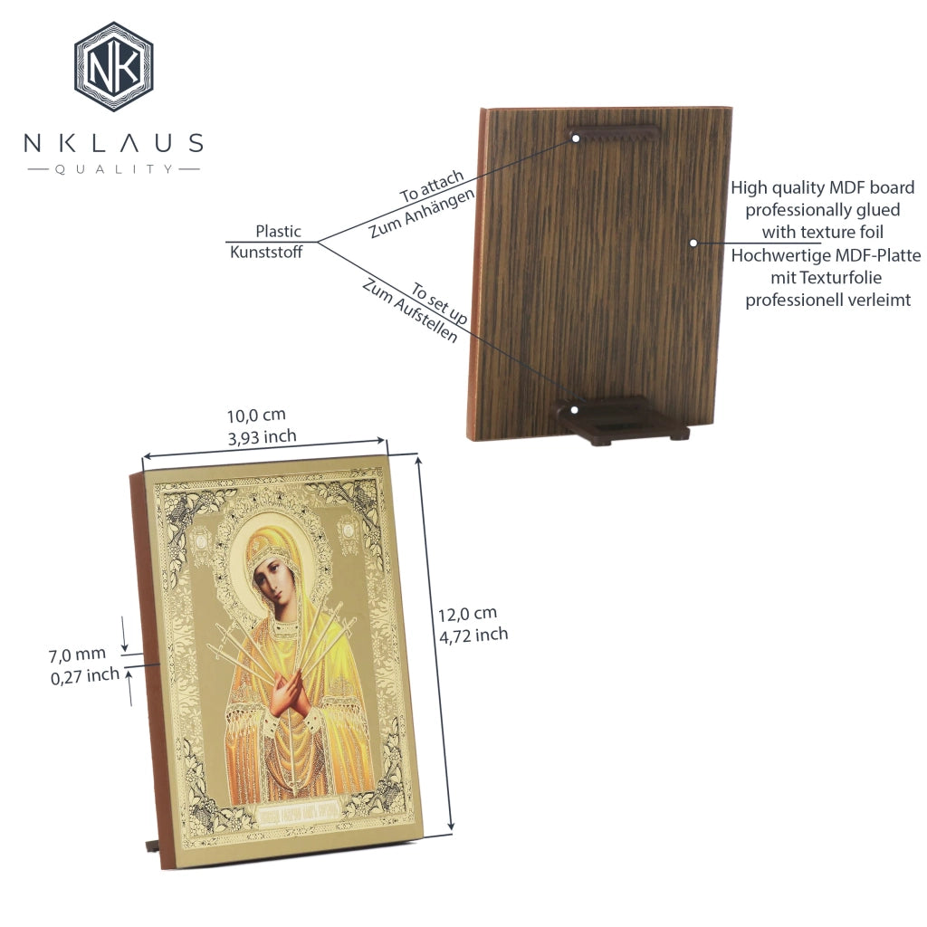 Icona cristiana ortodossa della Vergine Maria, raffigurante "Madre di Dio dei sette frecce", realizzata in legno, dimensioni 10x12 cm