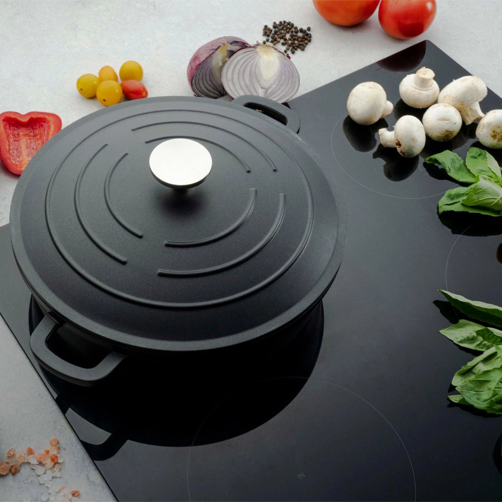 Teglia in alluminio per arrosti e sformati, 28 cm, piatta, con coperchio, colore nero