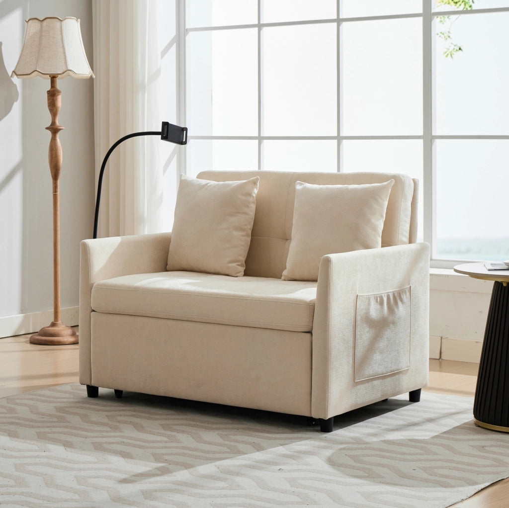 Divano beige in tessuto con porta USB e supporto per tablet