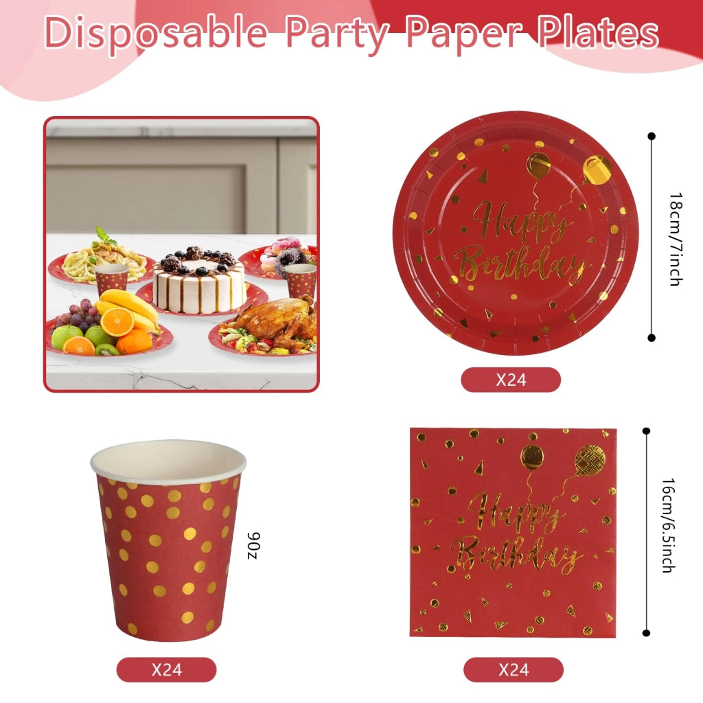 Set di stoviglie usa e getta, 72 pezzi, per 24 ospiti, colore oro/rosso