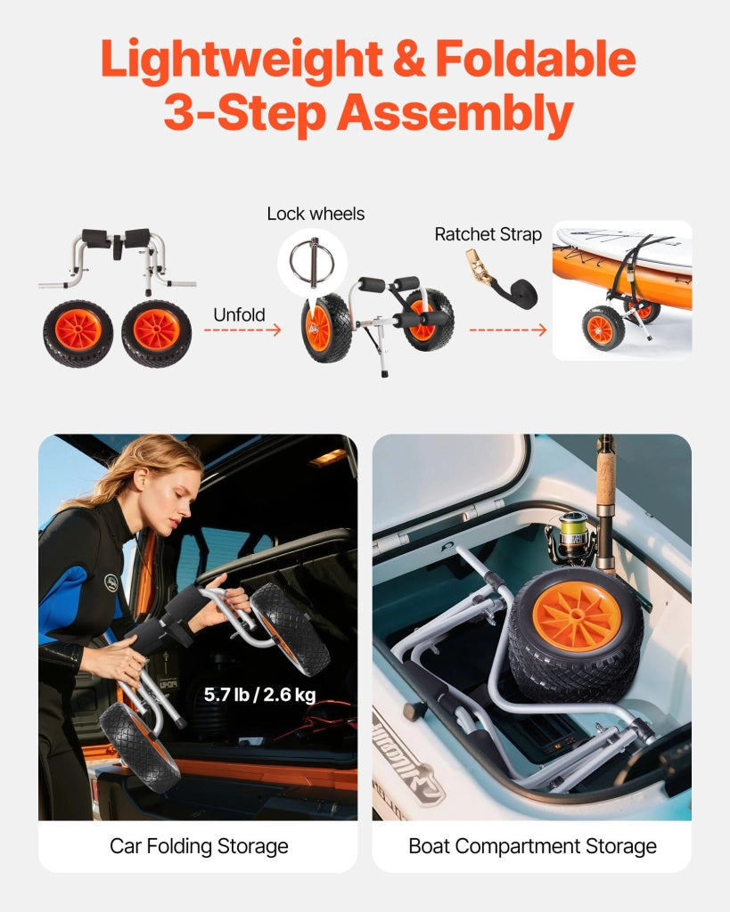 Carrello Pieghevole per Kayak e Canoe JH001 in Alluminio, Capacità 90 kg con Ruote Piene da 325 mm e Cinghia, Robusto e Portatile