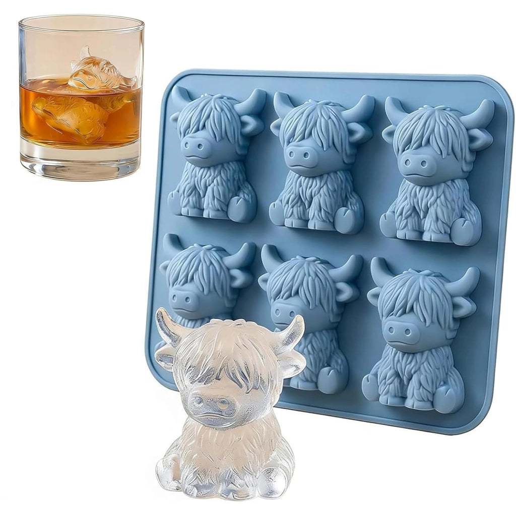 Stampo per cubetti di ghiaccio a forma di mucca highland, 6 vani, in silicone, 16x13,2 cm