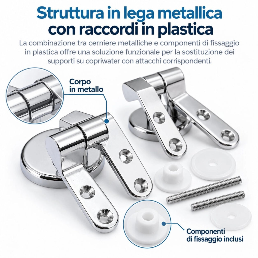 2 Cerniere Copriwater WC Metallo 4 e 4,5 cm con Viti e Raccordi 52882
