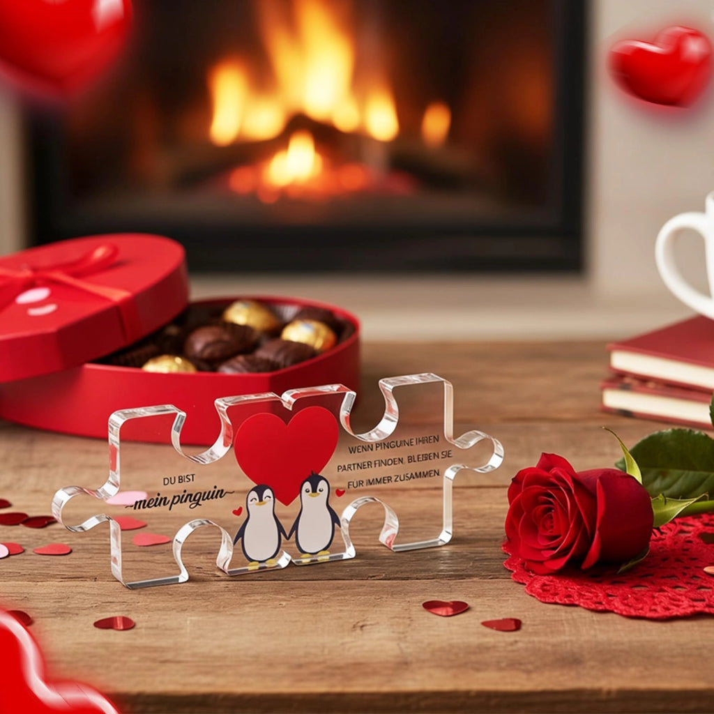 Puzzle in acrilico a forma di cuore con un pinguino, multicolore, dimensioni 15,5x6,5x1,2 cm
