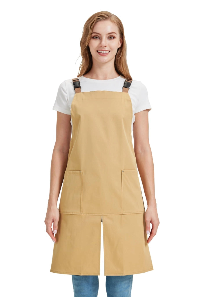 Grembiule, idrorepellente, con chiusura posteriore a forma di H, regolabile, 2 tasche, color cammello, taglia unica