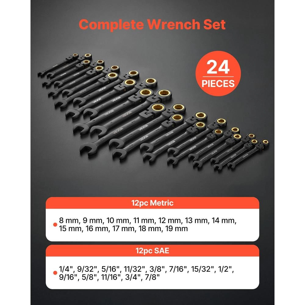 Set 24 Pezzi Chiavi Combinate a Cricchetto JH0024-3 Testa Snodata 180° Metriche e SAE Acciaio Cr-V Nero con Custodia per Fai da Te e Auto