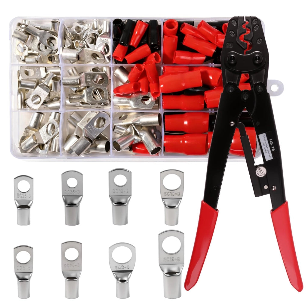 Set di connettori a crimpare, 140 pezzi, da 6 a 25 mm², con pinza crimpatrice