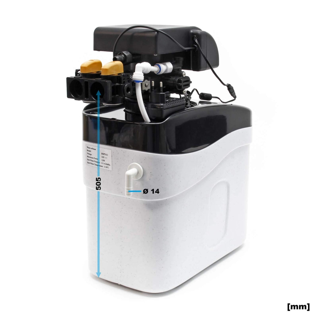 Addolcitore d'acqua da 800 litri/ora, con tecnologia di scambio ionico, dotato di un serbatoio di sale da 12 kg