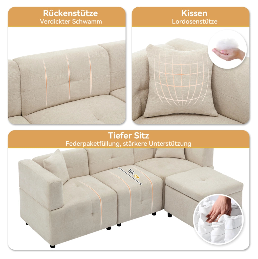 Divano 3 posti modulare in ciniglia beige con pouf contenitore e 2 cuscini