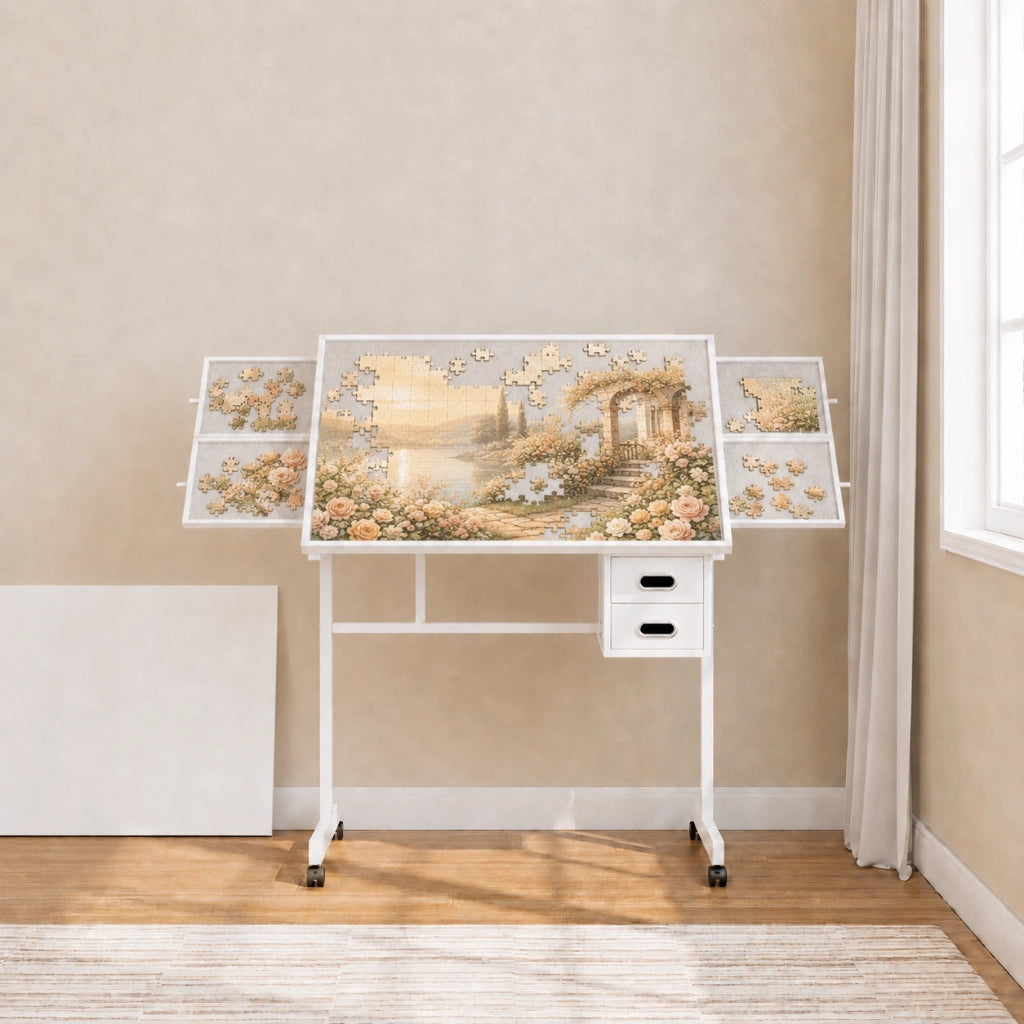 Tavolo per puzzle fino a 1000 pezzi; 98 x 64;5 x 11;5 cm; con coperchio; 6 cassetti e ruote; MDF e metallo bianco