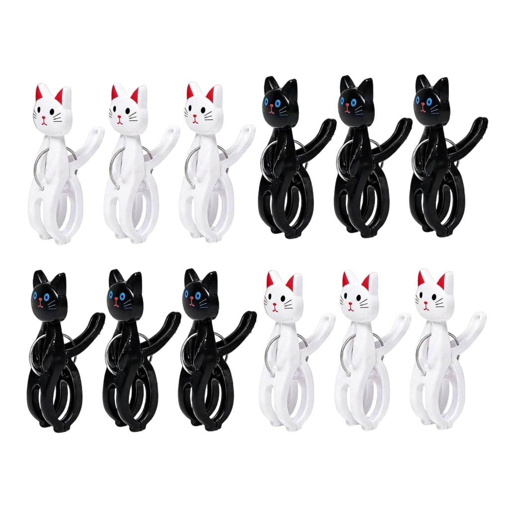 Graffette per asciugamani da spiaggia, forma di gatto, confezione da 12 pezzi, plastica, colore nero e bianco