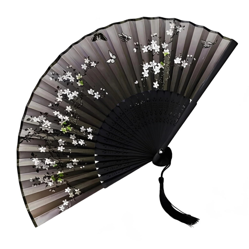 Ventaglio nero con motivo floreale, realizzato in bambù e seta, portatile, con nappina