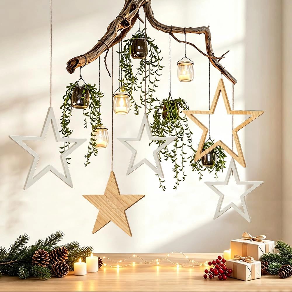 Decorazioni natalizie a forma di stella in legno, da appendere, 30 cm, set da 4