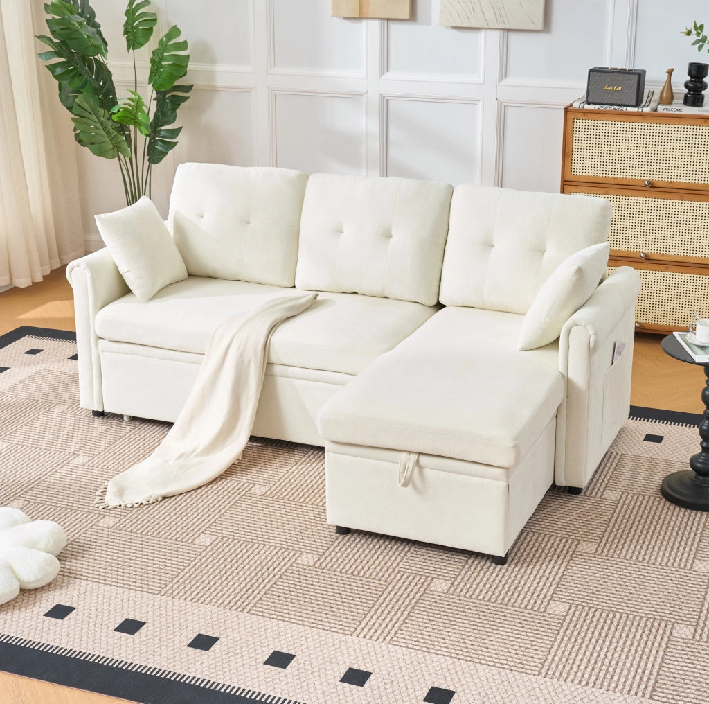 Divano angolare beige in ciniglia con letto e contenitore, 206 cm