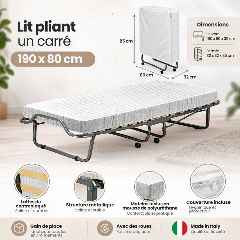 Letto pieghevole Ace, Brandina con rete 15 doghe, Materasso incluso, Lettino salvaspazio, 100% Made in Italy, 80x190h39 cm, Cover protettiva inclusa