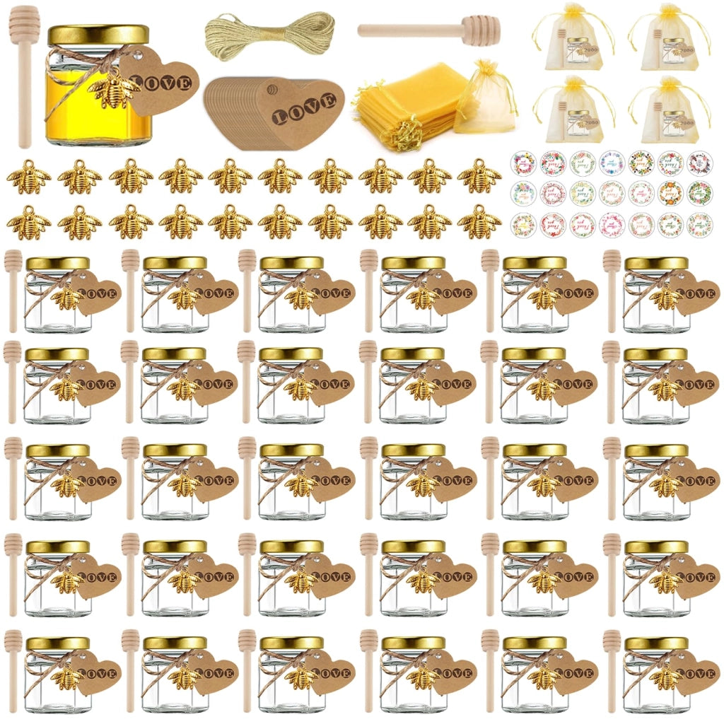 30 vasetti mini esagonali per miele, da 45 ml, con coperchio e accessori