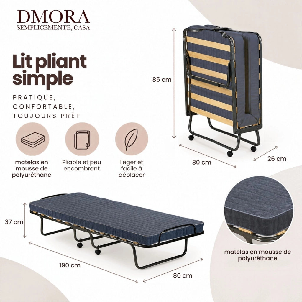 Letto pieghevole salvaspazio Arias, Brandina con rete a 12 doghe e materasso incluso, 100% Made in Italy, 80x190h37 cm, Antracite, senza cover