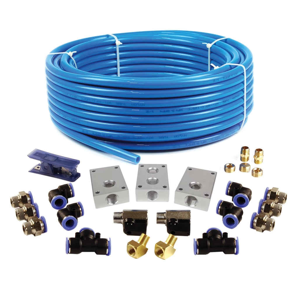 Sistema di tubazioni per aria compressa, composto da 26 elementi, con tubo in TPEE da 1/2" di diametro esterno / 3/8" di diametro interno e lunghezza di 100 piedi
