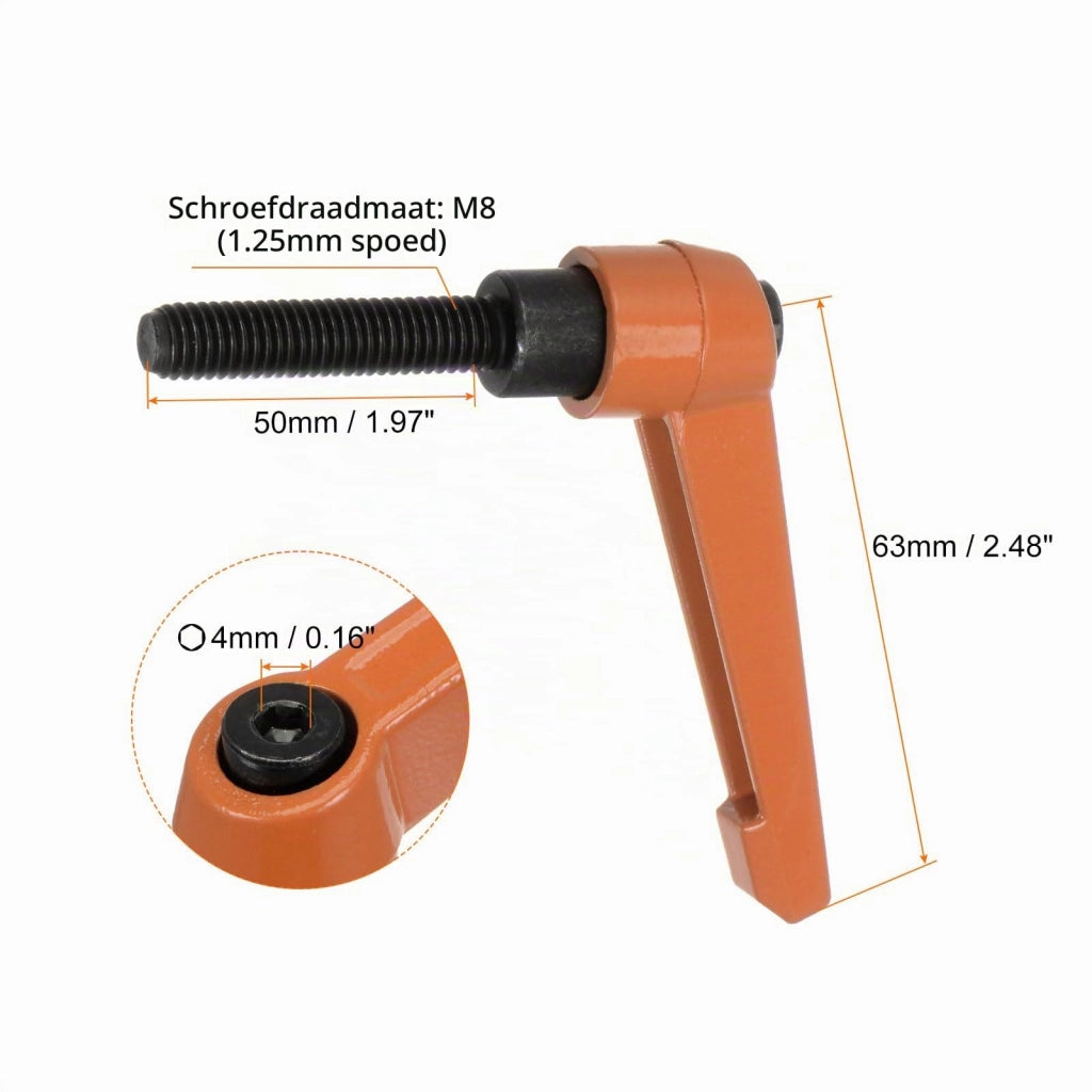 Set di 4 manopole regolabili per leve, filettatura M8 x 50 mm, colore arancione