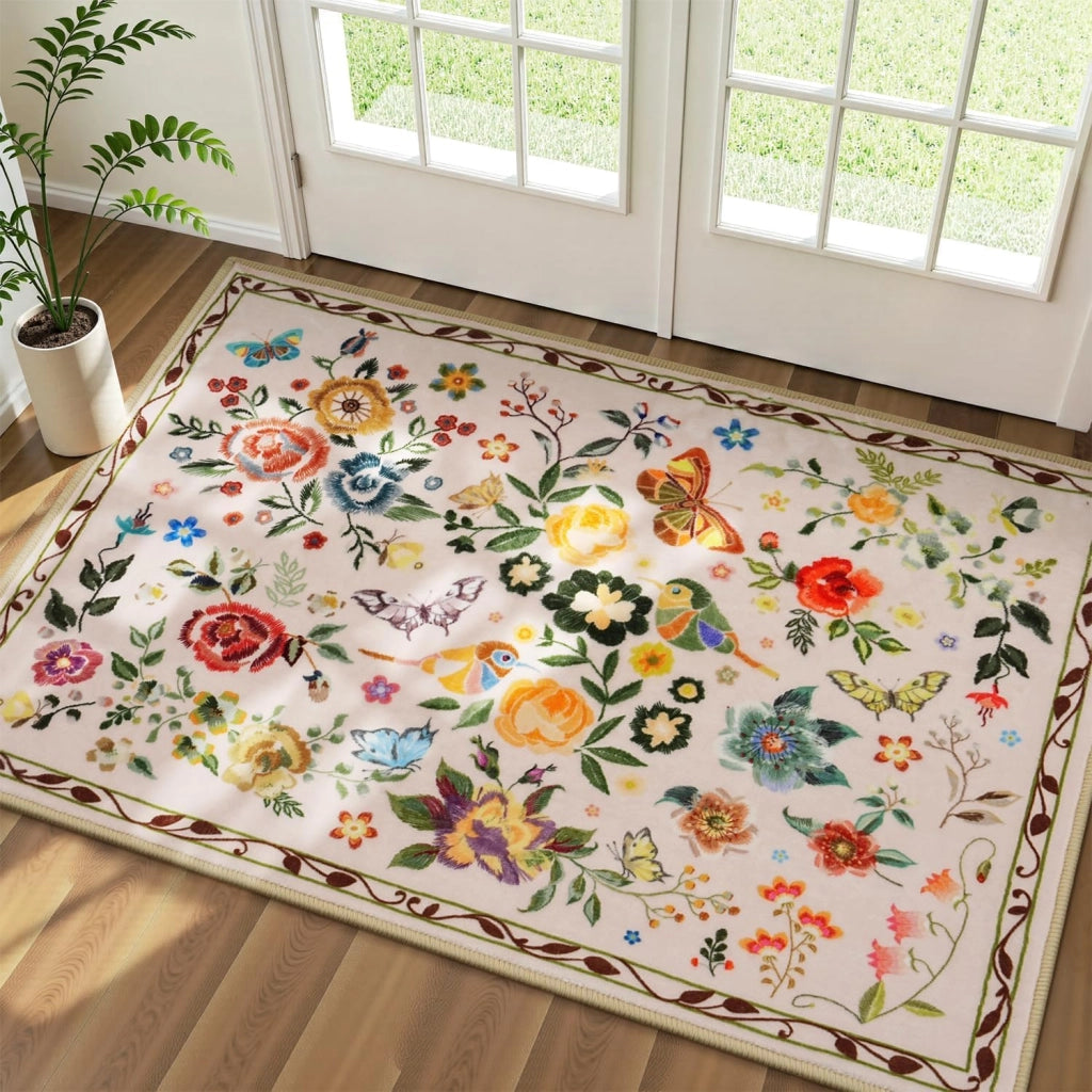 Tappeto a fiori lavabile, antiscivolo, morbido, a pelo corto, 60 x 90 cm, color beige