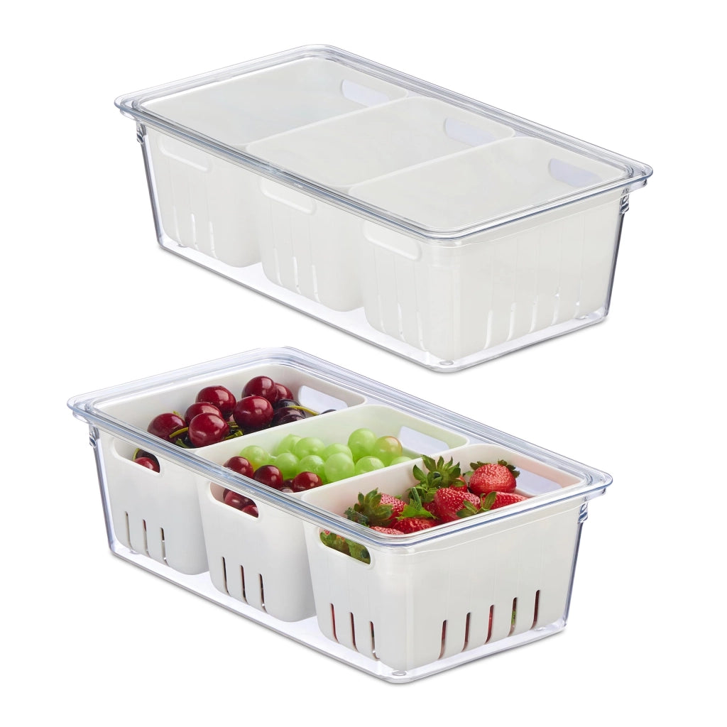 Set di 2 organizer per frigorifero, impilabili, capacità 7 litri, dimensioni 32x17,5x10 cm, trasparenti/bianchi