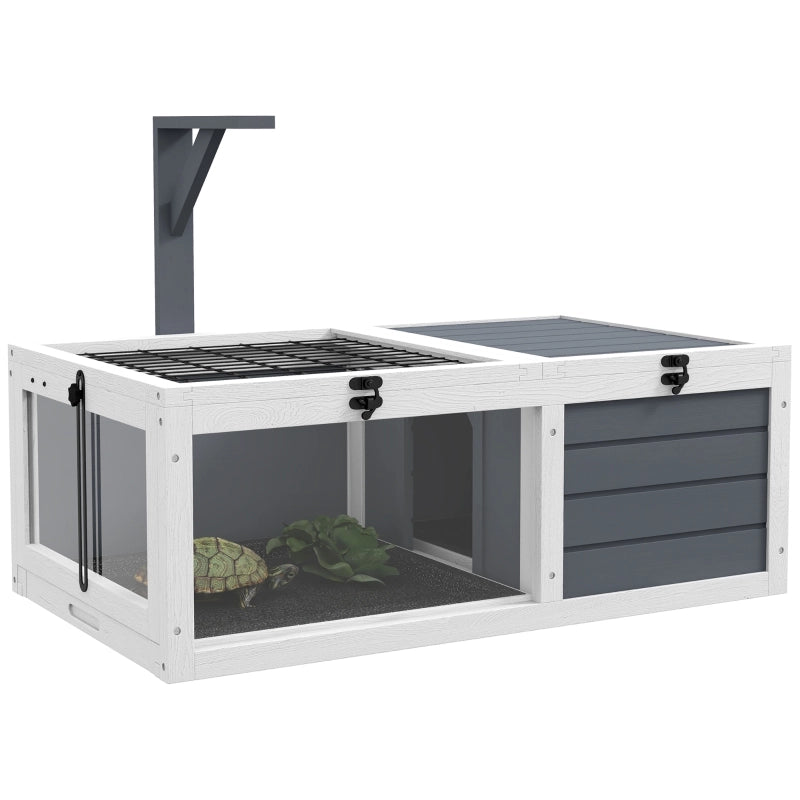 Tartarughiera in legno grigio con 2 vani, coperchio, vaschette in plastica e finestra