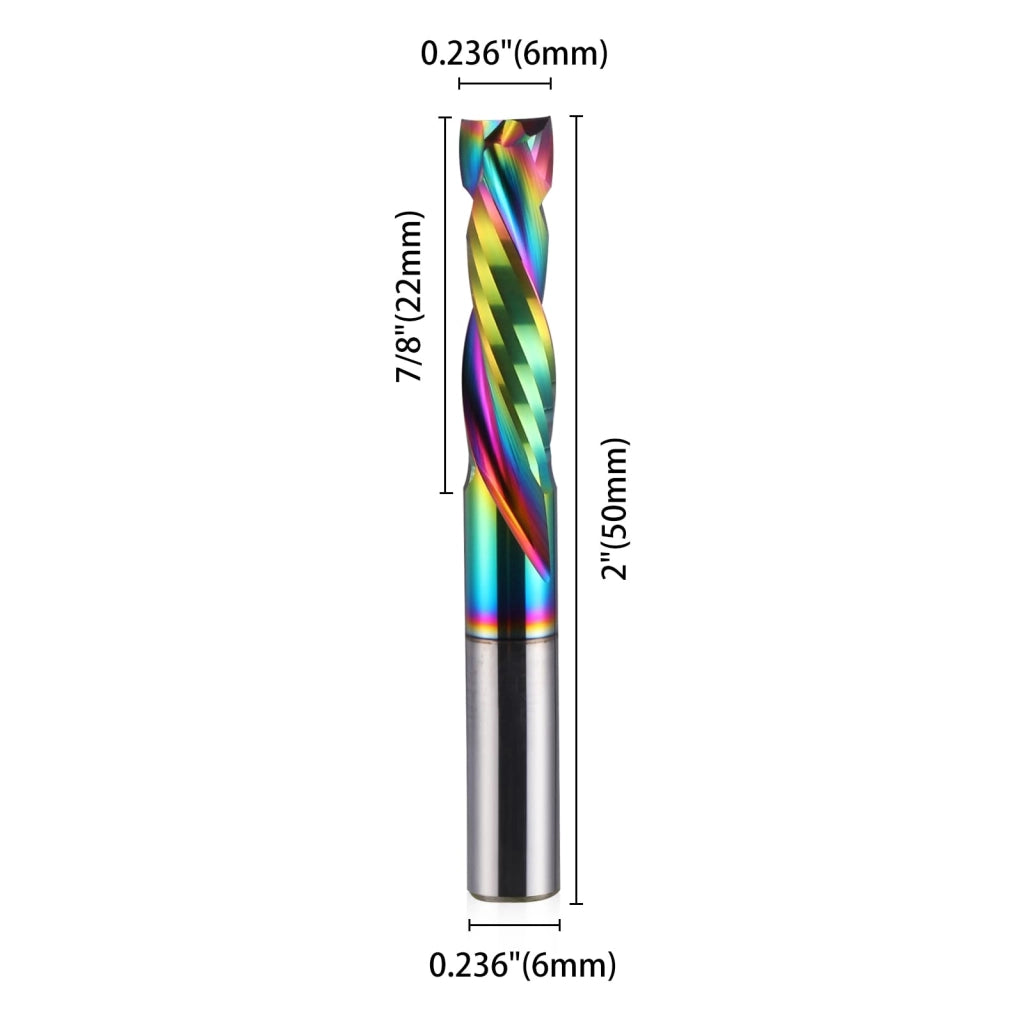 Fresa in carburo spirale con rivestimento DLC, taglio ascendente e discendente, 2 taglienti, fresa CNC, fresa a compressione, fresa per legno, gambo 6 mm, diametro di taglio 6 mm, lunghezza di taglio 22 mm