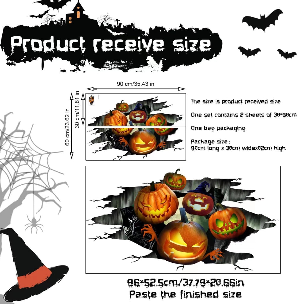 Set di 2 adesivi murali a forma di zucca di Halloween, effetto 3D, dimensioni 90x60 cm, rimovibili