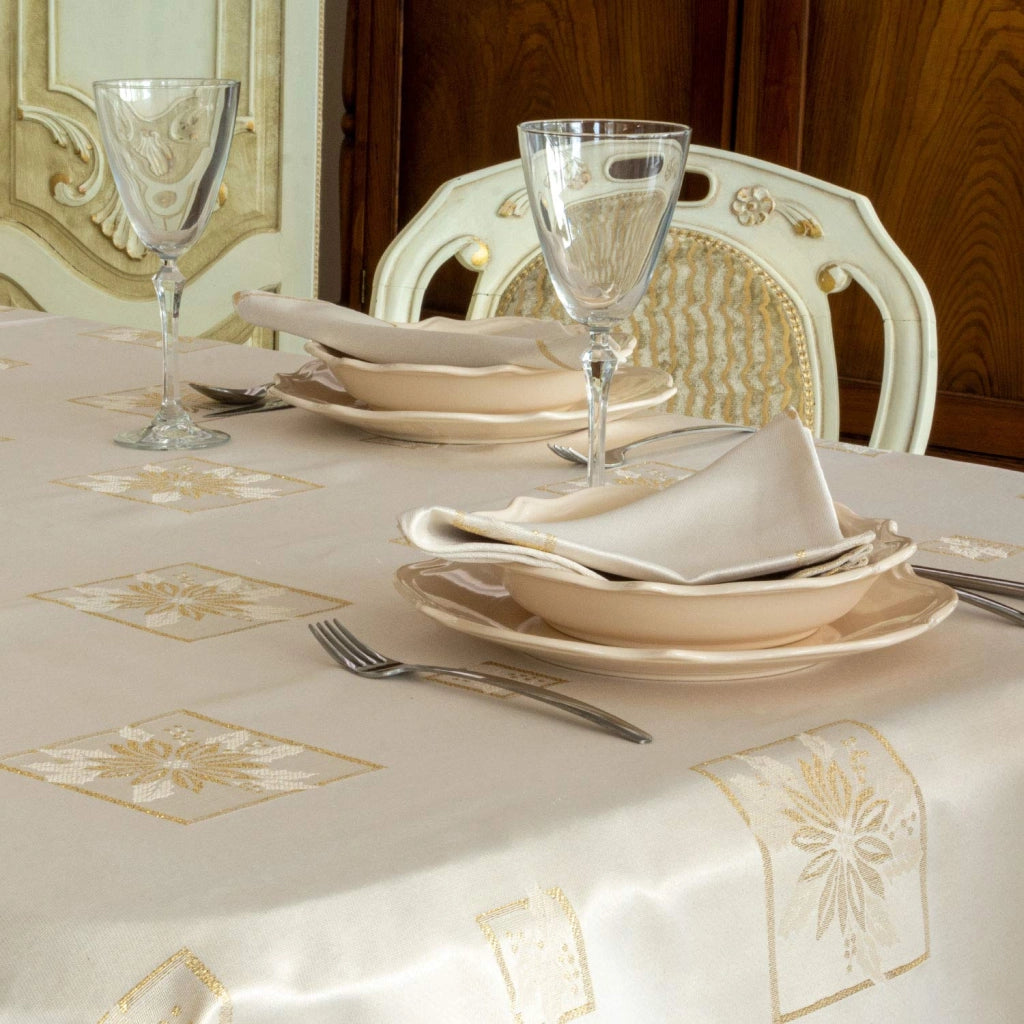 Tovaglia natalizia, rettangolare, 400x150 cm, color beige, con trattamento antimacchia